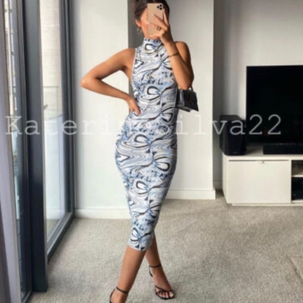 NWT‎ Zara Blue Marble Jacquard Midi Dress 1014/408/044